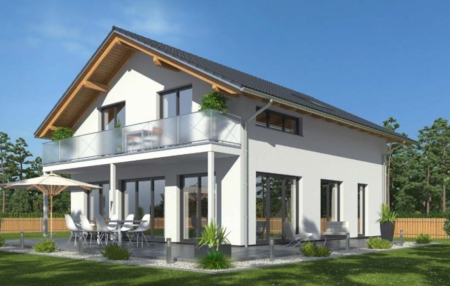 Der Hausbau Berater - Drevo Fertighaus Berater Modernes zweigeschossiges Haus mit schwarzem Dach und roter Seitenwand.
