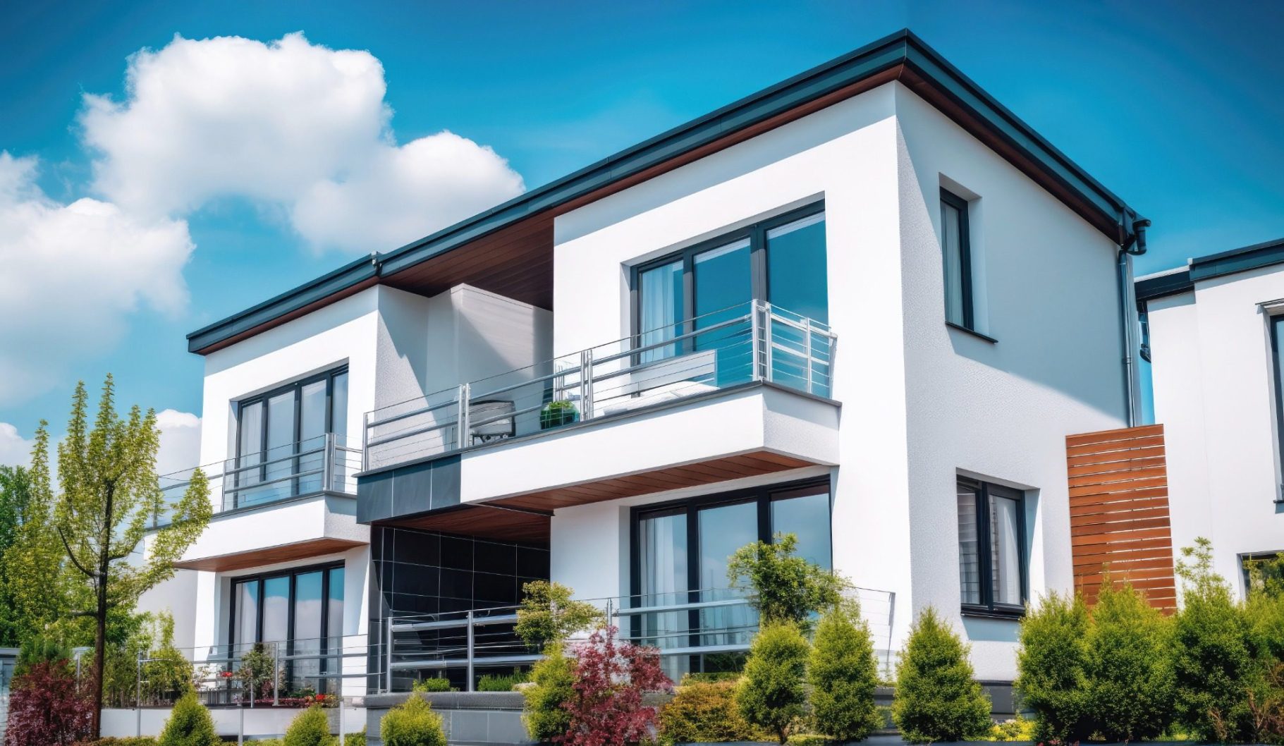 Der Hausbau Berater - Fachberater für Fertighäuser - Thomas Bärtle Modernes, zweigeschossiges Haus mit Balkon und grüner Umgebung.