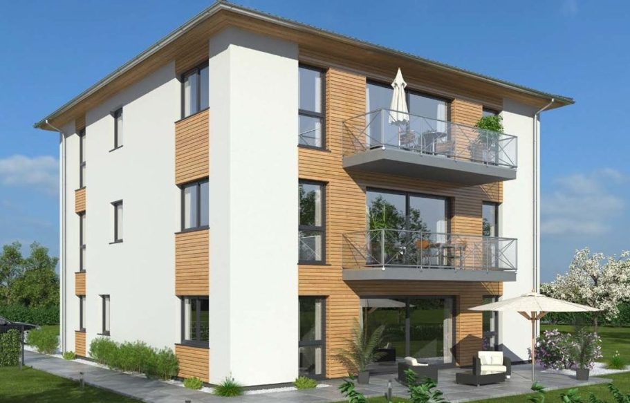 Der Hausbau Berater - Drevo Fertighaus Berater Moderne, zweigeschossige Villa mit schwarzen Fenstern und Garagentor, umgeben von Grün.
